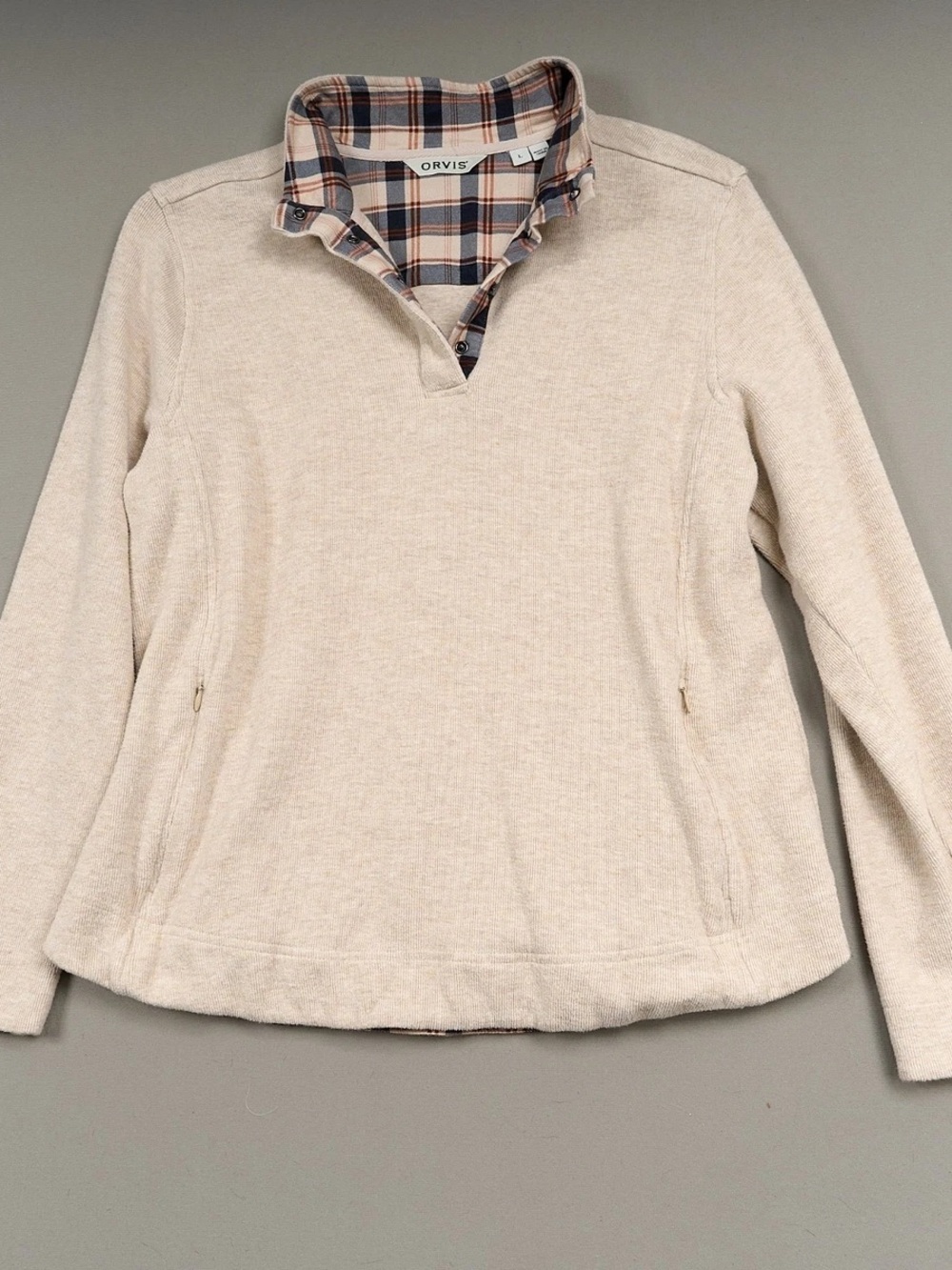 Orvis Cream V-Neck Pullover with Plaid Trim